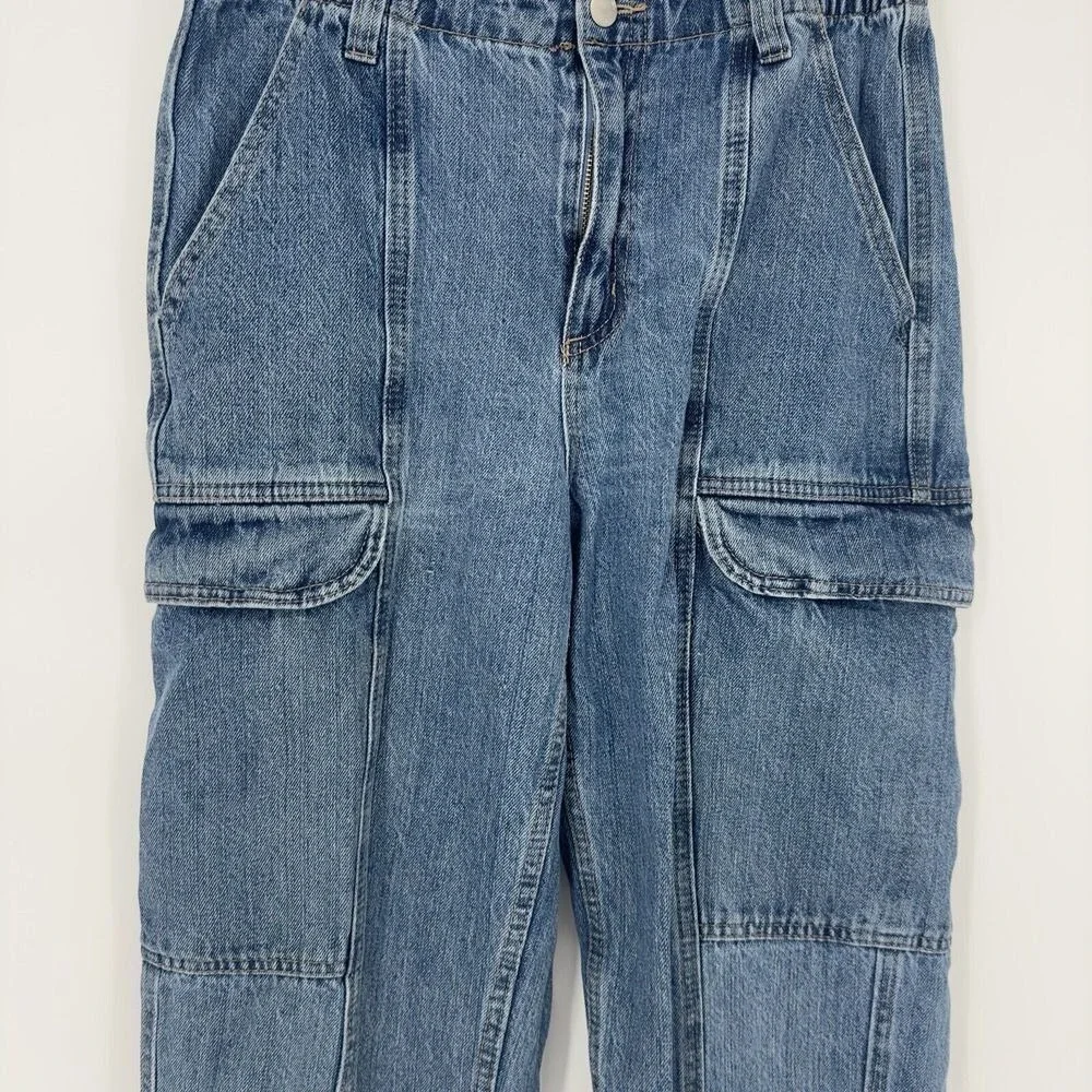 Forever 21‎ Womens Medium Wash Blue Denim Cargo Utility Pants Seam Detail Size S
